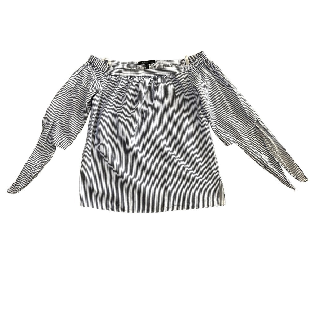 BCBGMAXAZRIA Womens Off Shoulder Striped Cotton Blouse Split Tie Sleeve (1036)